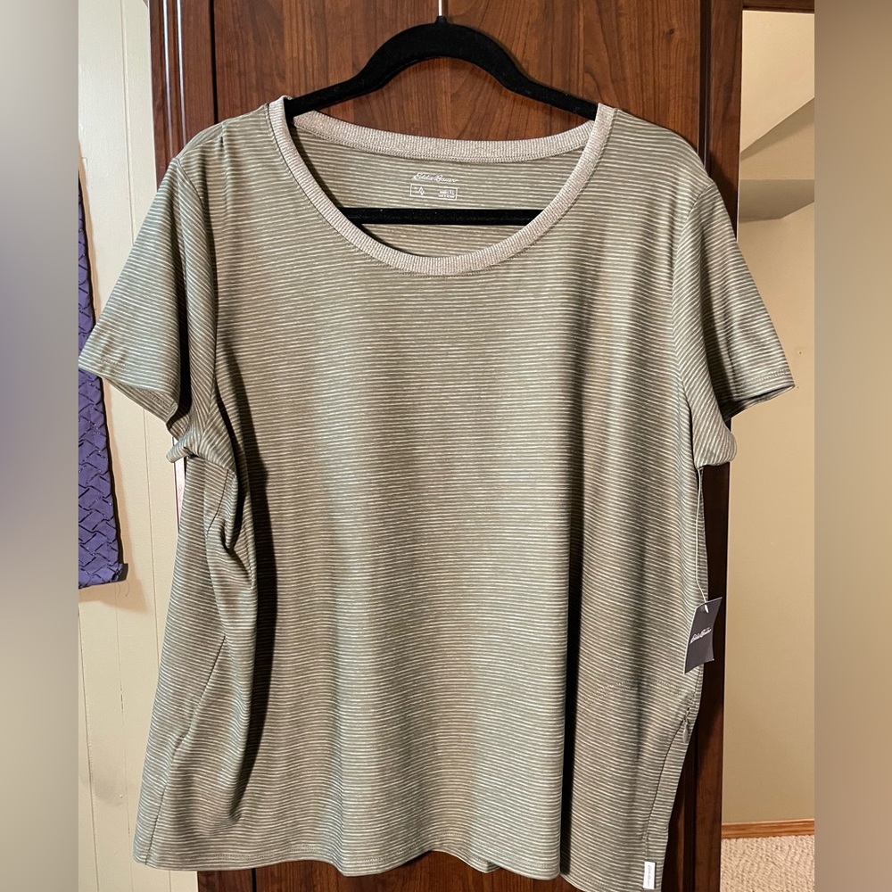 NWT Olive green with thin white strips tshirt. Eddie Bauer
